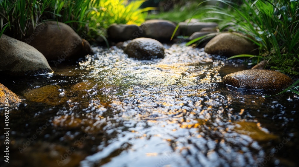 Poster a small stream flows over smooth, rounded stones in a tranquil forest setting.