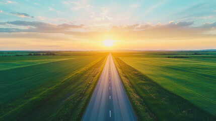 Straight Road Leading to the Horizon at Sunrise with a Clear Blue Sky