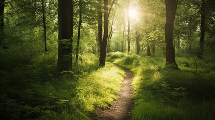Naklejka premium Sunlit Path Through Tranquil Green Forest