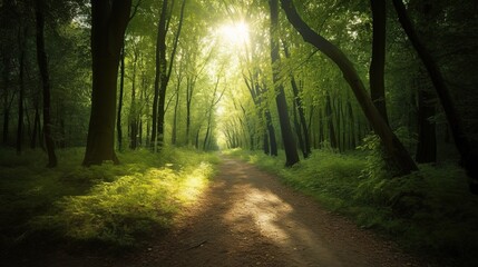 Naklejka premium Serene Forest Path with Sunlight Glimpse