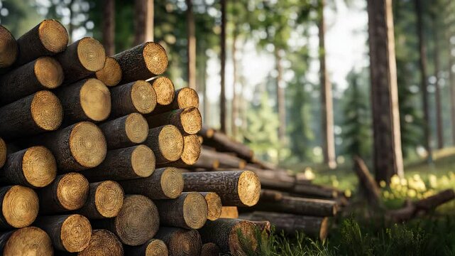 log pile stack up on forest ground with trees background	
