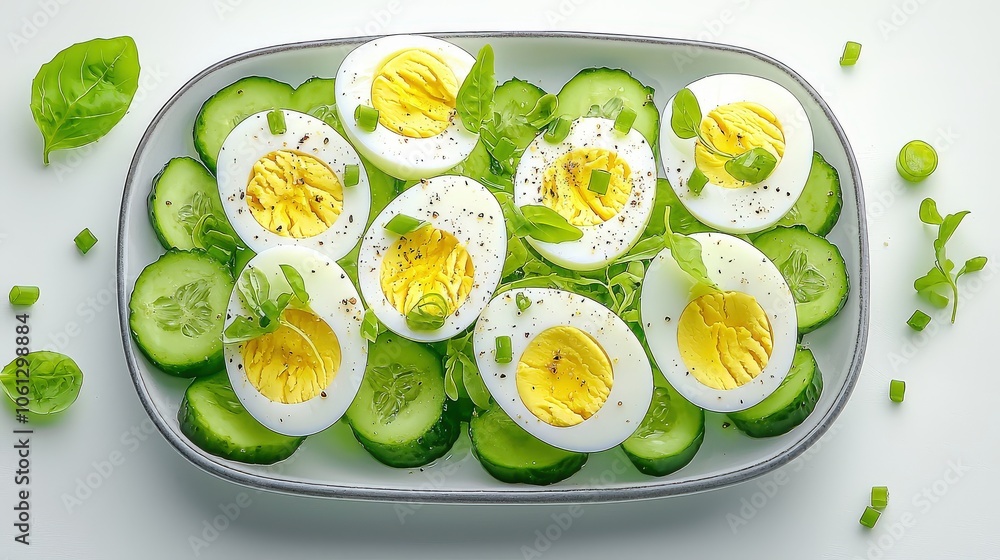 Poster an overhead view of a beautiful plate filled with avocado deviled eggs, emphasizing their unique col