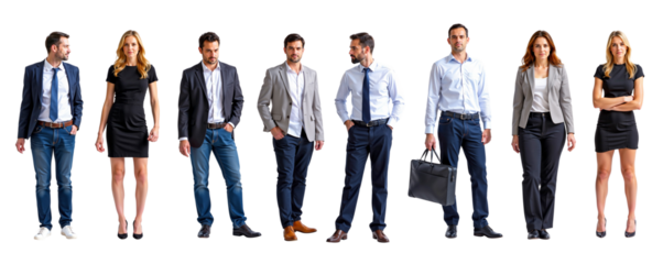 Business Professionals: A diverse group of professional individuals stand in a row, showcasing a range of business attire. They are ready for work, exuding confidence and professionalism.