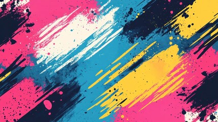 Abstract background with diagonal lines and paint splatter in pink, yellow, blue, and black colors.