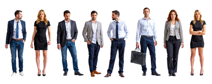 Business Professionals: A diverse group of professional individuals stand in a row, showcasing a range of business attire. They are ready for work, exuding confidence and professionalism.