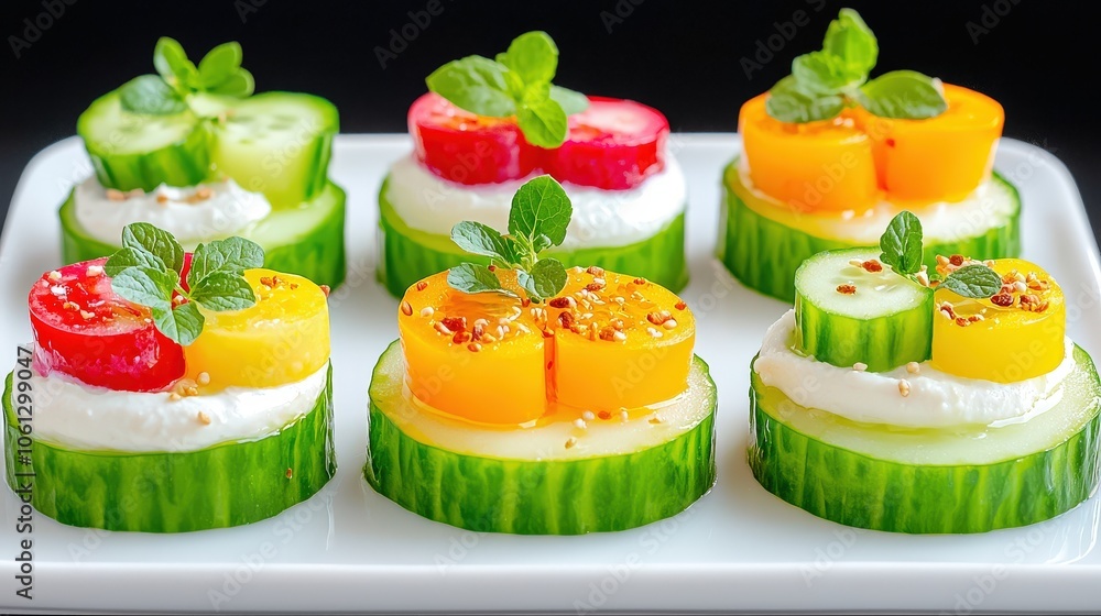 Poster a close-up of sliced cucumber topped with colorful hummus in various flavors, showcasing their vibra
