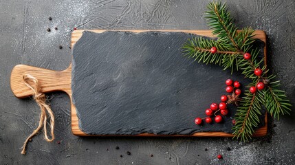 Festive Christmas menu card template with black stone cutting board, fir tree branches, and berries on gray background.