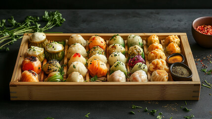 Assorted Colorful Steamed Dumplings in a Bowl with Spices and Fresh Garnish
