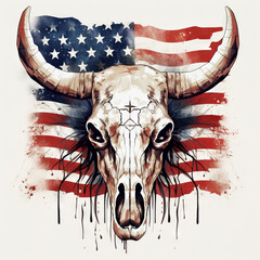 Aztec bull skull with american flag watercolor on white background