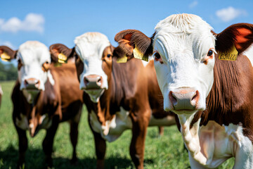 grazing cattle on lush green meadow, blue sky backdrop