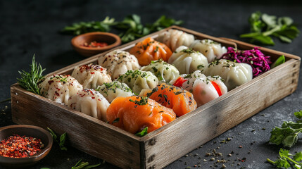 Assorted Colorful Steamed Dumplings in a Bowl with Spices and Fresh Garnish
