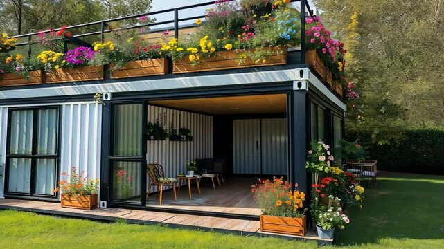 cozy sustainable living, house made of reuse shipping container full of flowers growing around	
