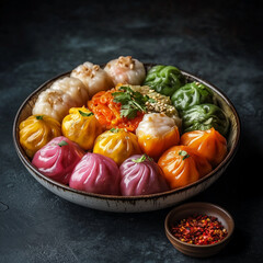 Assorted Colorful Steamed Dumplings in a Bowl with Spices and Fresh Garnish