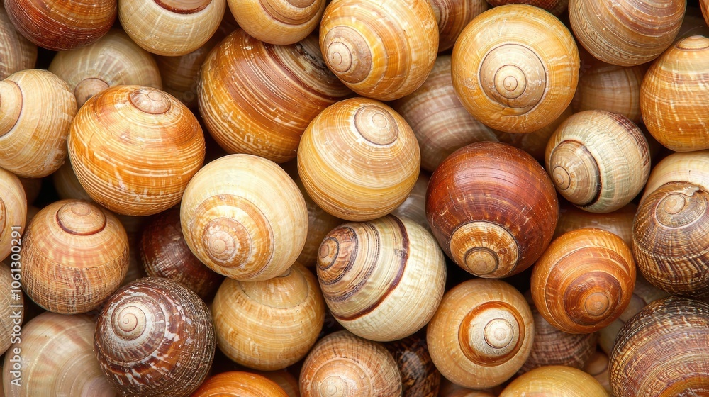 Poster close-up of organic snail shells with spiral patterns