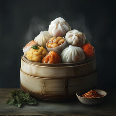Assorted Colorful Steamed Dumplings in a Bowl with Spices and Fresh Garnish