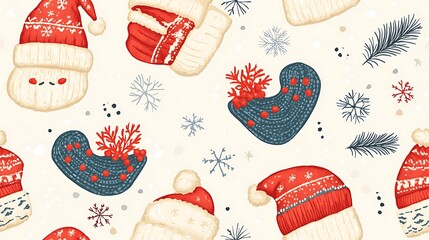 A fun, seamless holiday pattern with Santa hats, warm mittens, and knitted scarves, each decorated with festive patterns like snowflakes and candy stripes.