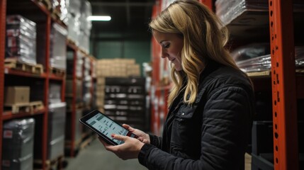 Female retail manager in a warehouse, using a tablet for inventory and warehouse management, representing efficient small business practices