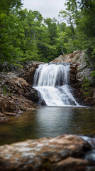 Fototapeta premium majestic waterfall cascading down a mountain in a tropical paradise, Close up photo of nature waterfall