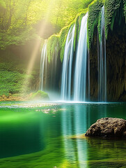 Fototapeta premium majestic waterfall cascading down a mountain in a tropical paradise, Close up photo of nature waterfall