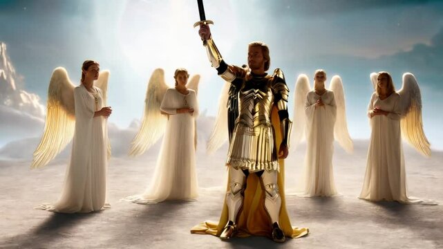 Arc&aacute;ngel Miguel Levantando Espada, Rodeado de &Aacute;ngeles