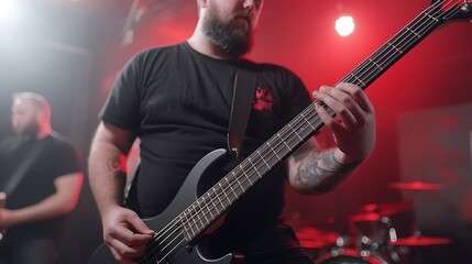 Obraz premium Musician strums bass guitar with passion during live performance in dramatic lighting