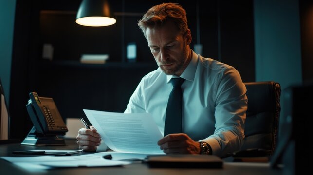 Focused executive reviewing documents in a sleek office, premium high-resolution royalty-free photo for business use