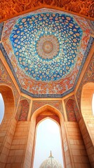 Obraz premium Intricate ceiling design showcasing vibrant patterns in an architectural structure.