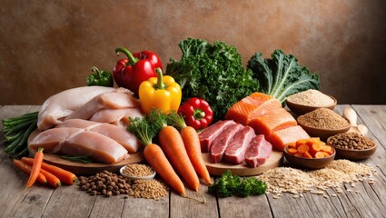 Fresh and Colorful Food Arrangement on Wooden Table