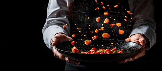 Obraz premium Chef Tossing Food in a Pan with Smoke and Spice