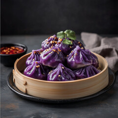 Delicious Purple Dumplings in a Bowl with Spicy Dipping Sauce on a Dark Background