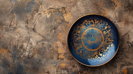 Naklejka premium Blue and gold ceramic plate on brown concrete background, top view with copy space.