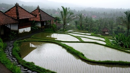 Lush rice terraces with traditional houses amidst a misty landscape.