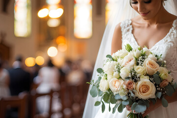 A bride is holding a bouquet of flowers in a church