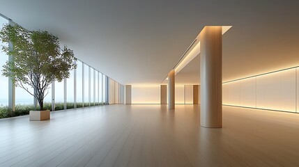 Design a modern and minimalist interior space that enhances natural light and aesthetics
