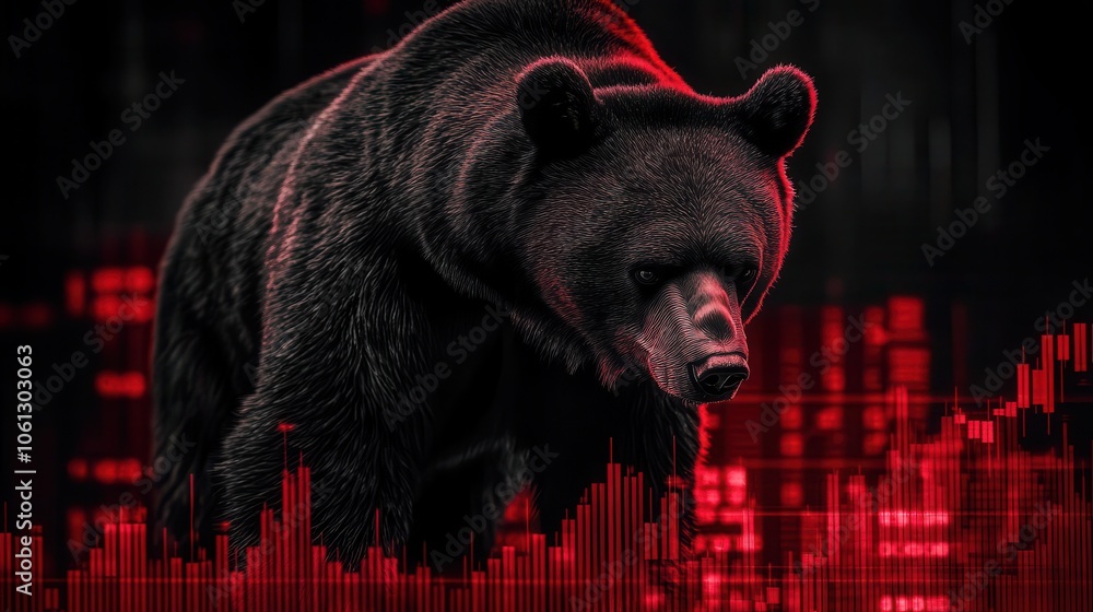 Poster a dark, stylized bear stands against a vibrant red background with sound wave patterns, creating a d