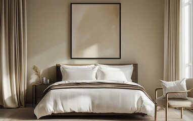 Abstract art painting mockup featuring dark beige and white colors on canvas, elegantly framed in black, hanging on a bedroom wall