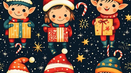 Fototapeta premium A seamless pattern of cheerful elves holding gift boxes, surrounded by candy canes and sparkling stars. Each elf has festive details like hats and scarves, creating a joyful,