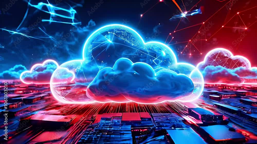 Poster cloud computing with glowing cloud and network connections over a circuit board.