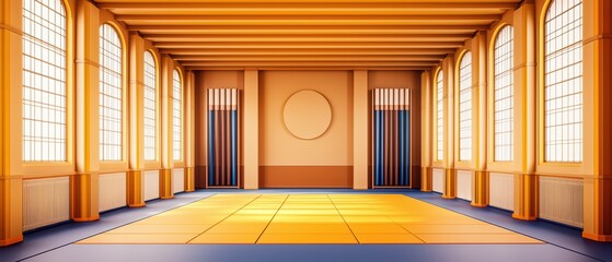 Spacious dojo interior with wooden beams, bright windows, and an inviting atmosphere for martial arts training.