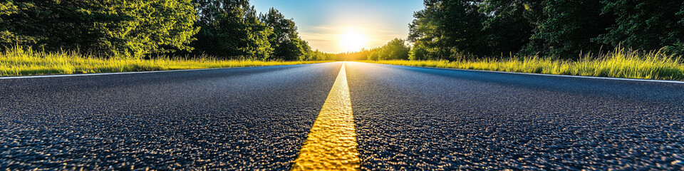 Straight Road Leading to the Horizon at Sunrise with a Clear Blue Sky
