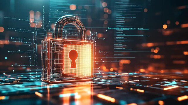 metal lock floating hover over electronic light trail background, Cybersecurity and data management concept
