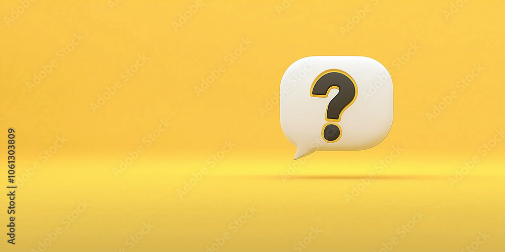 Poster a question mark inside a speech bubble on a solid yellow background, representing curiosity or inqui