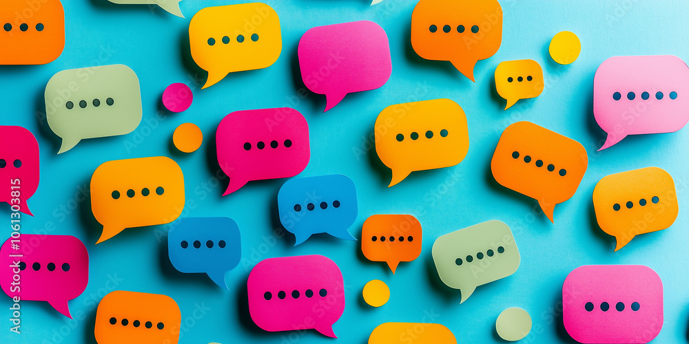 Poster multiple colorful speech bubbles with dots on a bright blue background, representing communication a