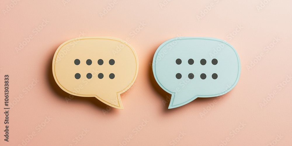 Poster two pastel-colored speech bubbles with dots on a soft background, representing dialogue and communic