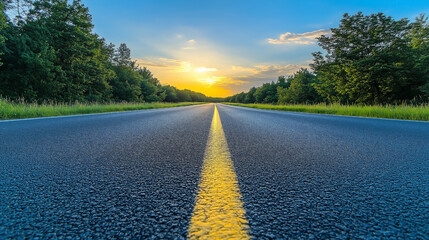 Straight Road Leading to the Horizon at Sunrise with a Clear Blue Sky