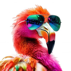 Vibrant flamingo with sunglasses, showcasing elegance and charm in vivid colors. Perfect for tropical and summer-themed designs.