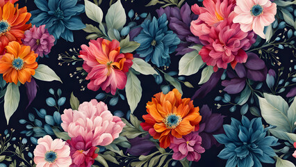 A colorful floral pattern is displayed on a dark background