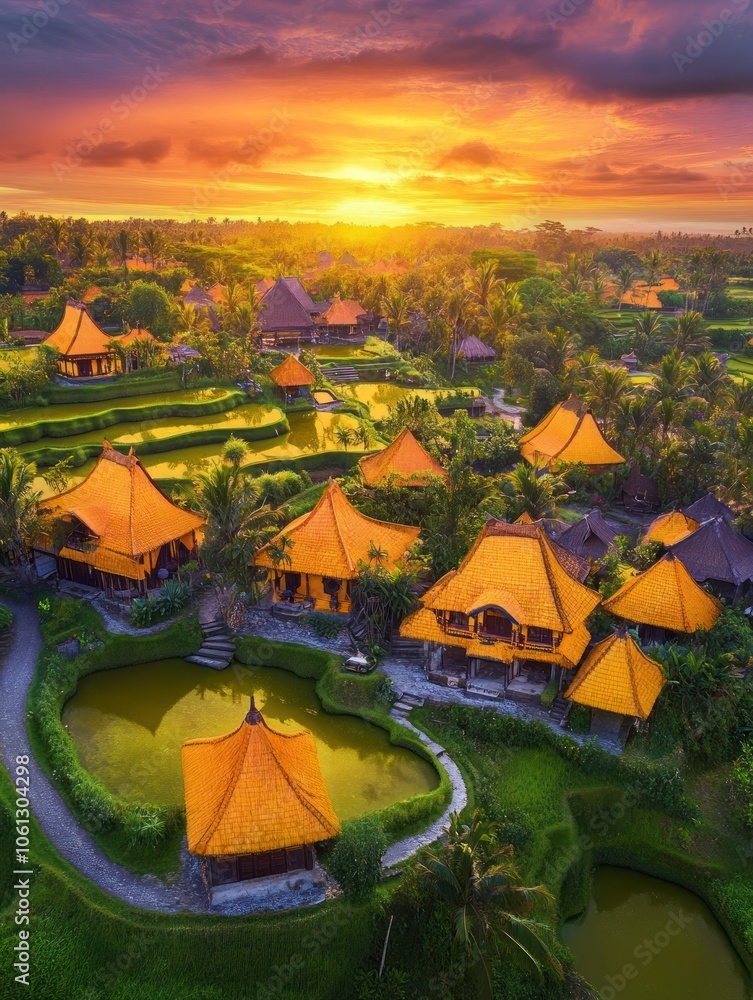 Wall mural A scenic view of traditional huts surrounded by lush greenery and a vibrant sunset.