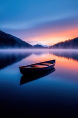 Serene landscape of a canoe on a still lake during sunrise, reflecting colorful skies.