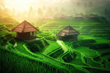 Serene rice terraces with traditional huts surrounded by lush greenery and palm trees.